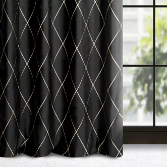Zasłona czarno, złota haftowana w duże karo z tkaniny welwetowej 140x250 cm przelotka MARGO Pierre Cardin