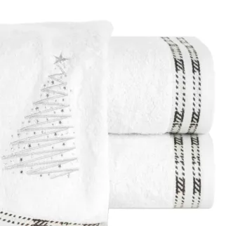 Ręcznik kąpielowy świąteczny 50x90 cm bawełniany kolor biały,srebrny z aplikacją choinki ze złotych kryształków 480 g/m2 EVE