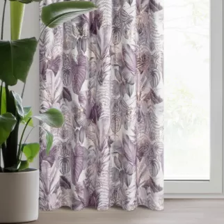Zasłona biało, fioletowa ze wzorem egzotycznych liści z welwetu 140x270 cm taśma DAVOS