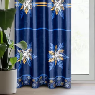 Zasłona granatowo, złota zdobiona nadrukiem śnieżynek z welwetu 140x250 cm przelotka CAROL