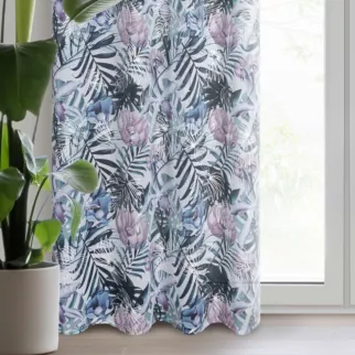 Dekoracja okienna biało, zielona z półprzezroczystej tkaniny z motywem egzotycznych roślin ze srebrnymi akcentami 140x250 cm przelotka MALIBU