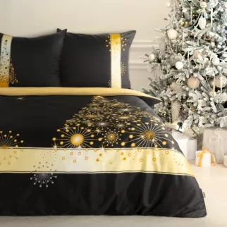 Pościel świąteczna 160x200 cm bawełniana kolor czarny, złoty z eleganckim wzorem z choinką EVE