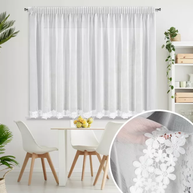 Firana biała z etaminy zdobiona ażurową aplikacją 350x155 cm taśma KAJA
