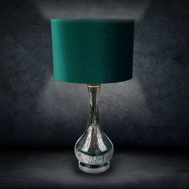 Lampa stołowa ADA na szklanej podstawie z ciemnozielonego szkła z welwetowym abażurem
