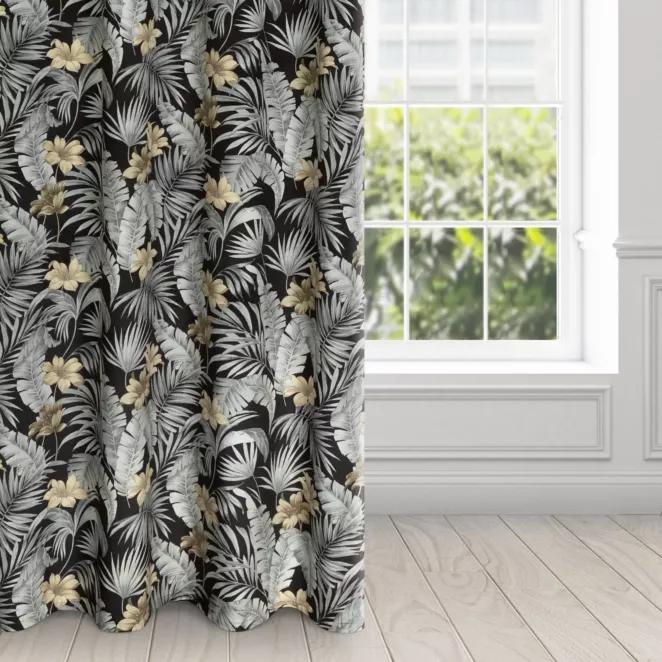 Zasłona czarno, stalowa zdobiona wzorem botanicznym z welwetu 140x250 cm przelotka LOREN