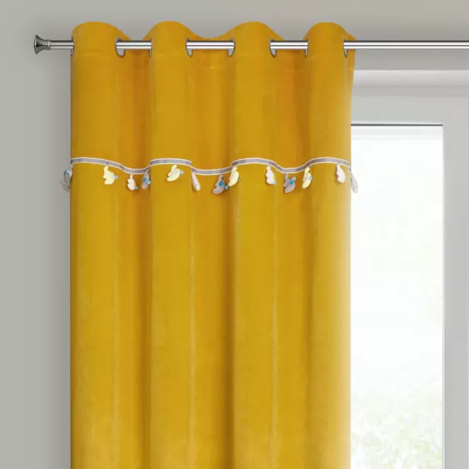 Zasłona musztardowa z aplikacją w słoniki z welwetowej tkaniny 140x250 cm przelotka KIDS
