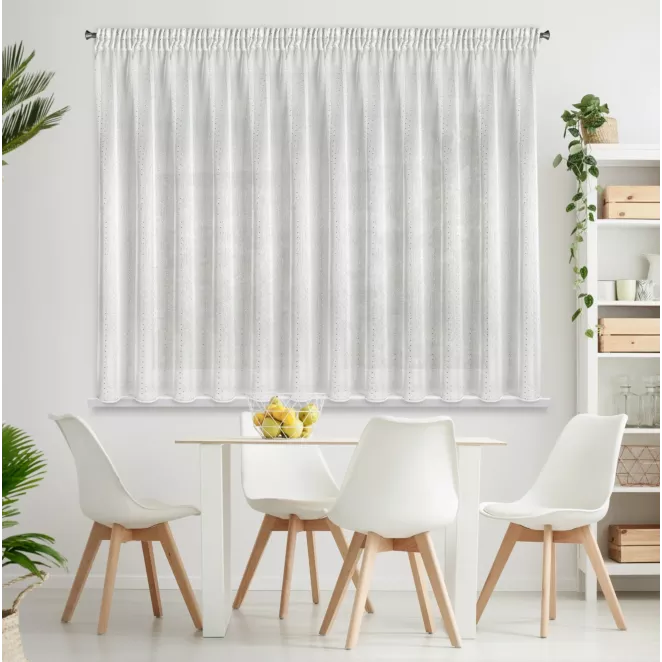 Firana biała z srebrnym nadrukiem drobnych kwadracików 300x150 cm taśma SIBEL