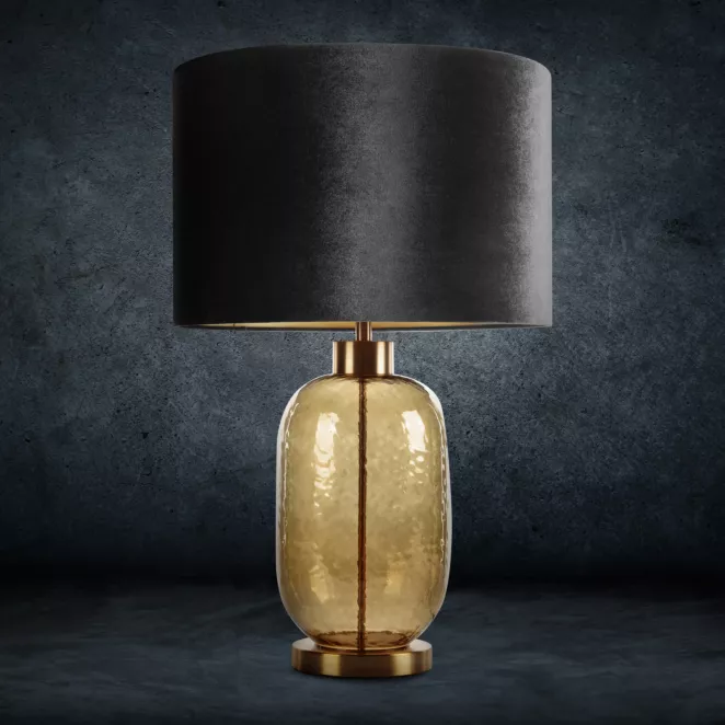Lampa stołowa NELLY na szklanej podstawie z złotego szkła z welwetowym abażurem