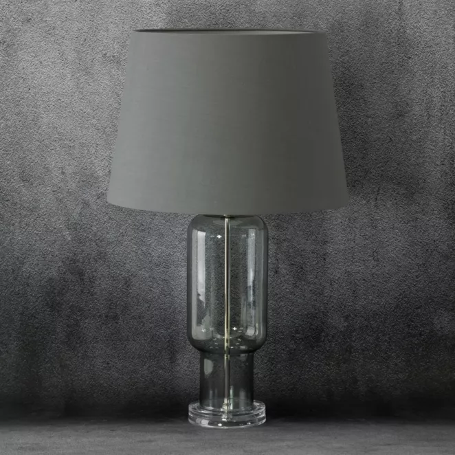 Lampa stołowa LILA na podstawie z przezroczystego szkła z abażurem z matowej tkaniny