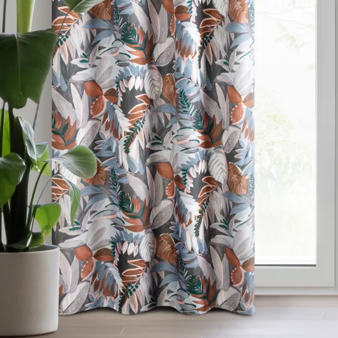 Zasłona stalowo, ruda zdobiona nadrukiem liści z tkaniny oxford 140x270 cm przelotka MARILA
