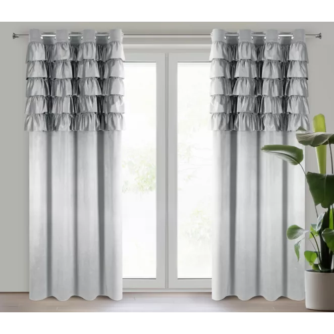 Zasłona srebrna zdobiona falbanami z welwetu 140x250 cm przelotka AURA