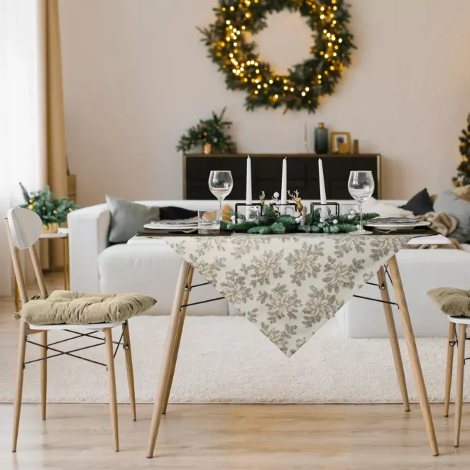 Obrus świąteczny NOEL z żakardowej tkaniny z motywem świątecznym przetykany srebrną nicią