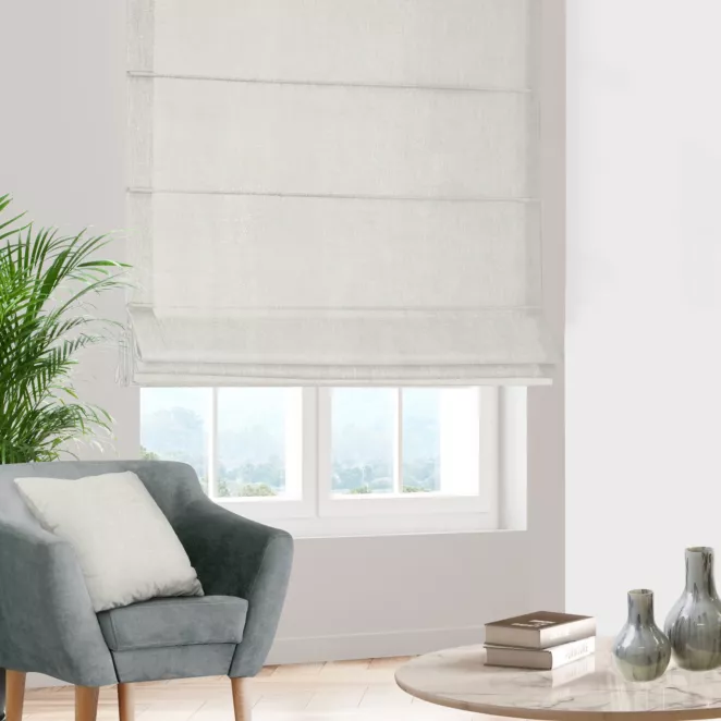 Roleta szyta z systemem comfort naturalno srebrna tkanina o naturalnym splocie z delikatnym połyskiem