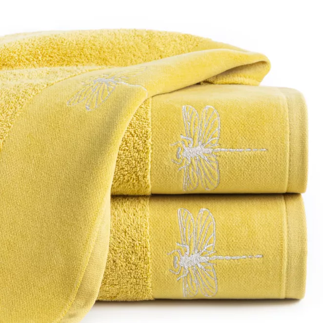 Ręcznik kąpielowy 50x90 cm bawełniany kolor musztardowy z haftem ważki na bordiurze 485 g/m2 LORI 1