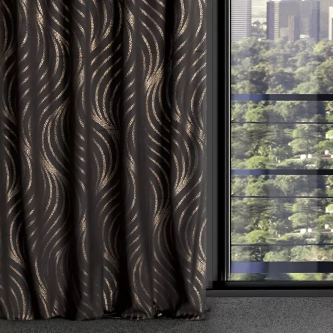 Zasłona czarno, złota z wzorem geometrycznym z welwetu 140x270 cm taśma imitująca flex VICTORIA 3 Limited Collection