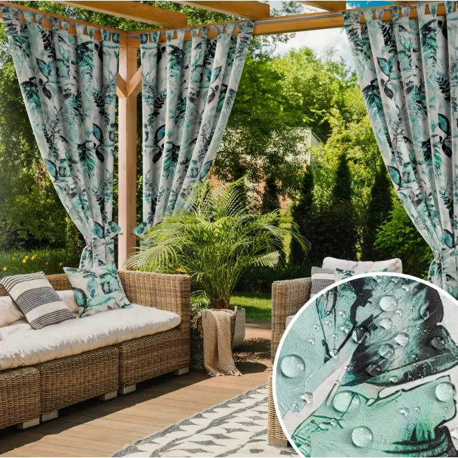 Zasłona biało, zielona z wodoodpornej tkaniny idealna do ogrodu i na taras 155x200 cm szelki/rzep GARDEN 2