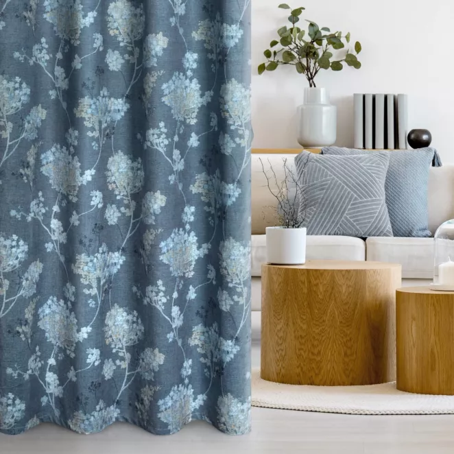 Zasłona ciemnoniebieska w kwiaty z tkaniny welwetowej 140x250 cm przelotka ANDY Design 91