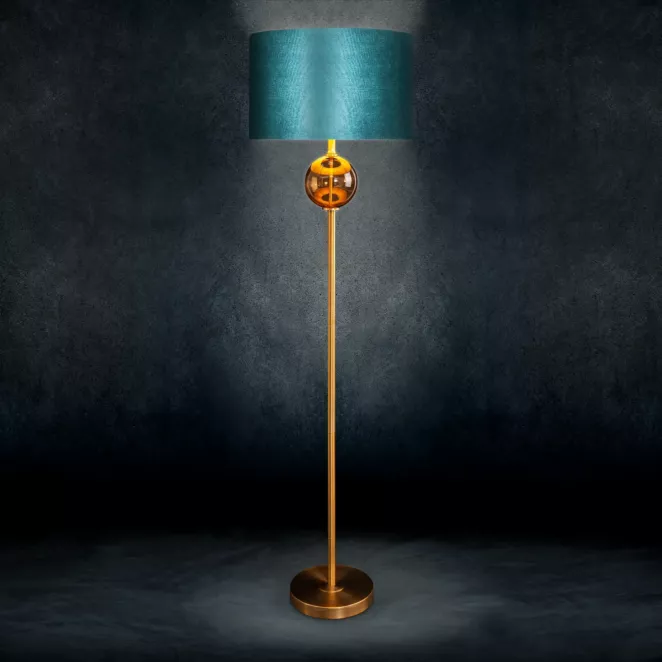 Lampa stojąca MUSA z podstawą łączącą szkło i metal oraz welwetowym abażurem