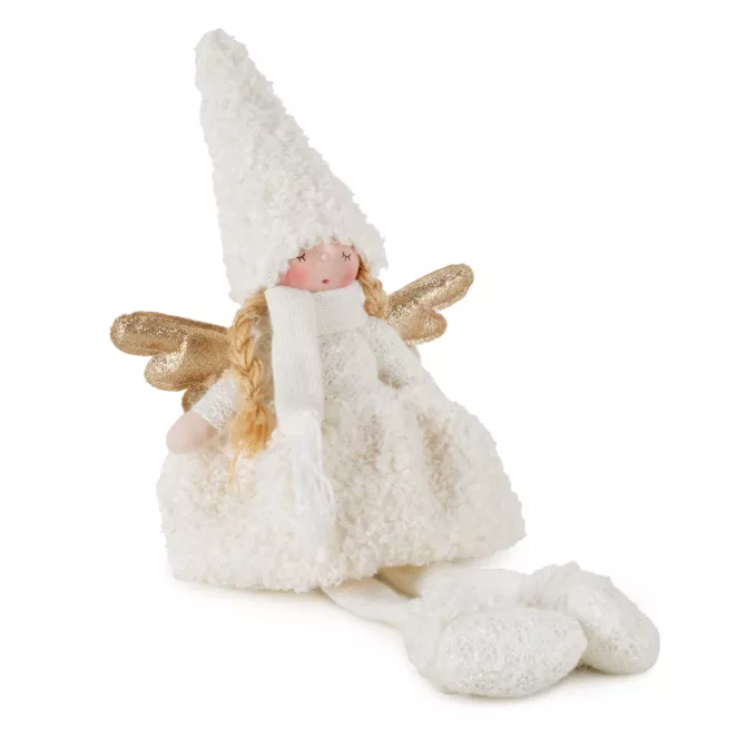 Figurka świąteczna laleczka elf w sukience z bukli siedząca w stylu eko