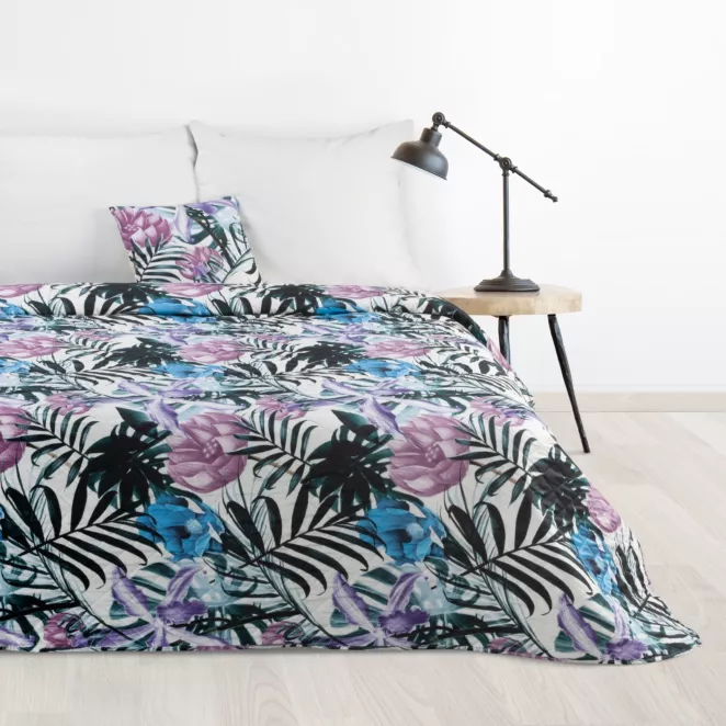 DESIGN 91 Narzuta MALIBU z nadrukiem egzotycznych liści i kwiatów pikowana techniką hot press