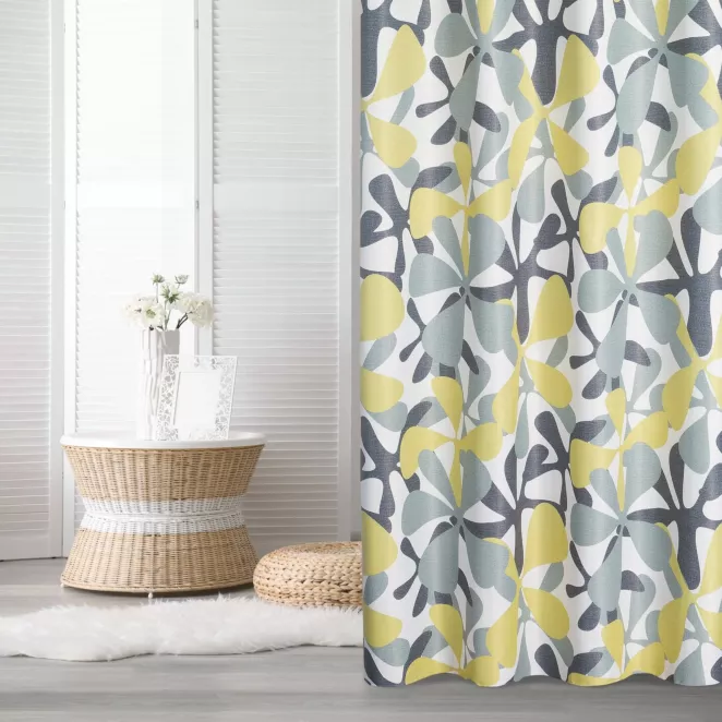 Zasłona biało, żółta w graficzny wzór kwiatów 140x250 cm przelotka DORIN Design 91