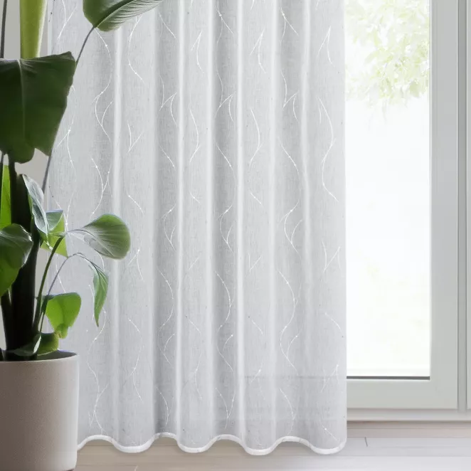 Dekoracja okienna biało, srebrzysta z etaminy zdobiona subtelnym wzorem 140x270 cm taśmaARLENA