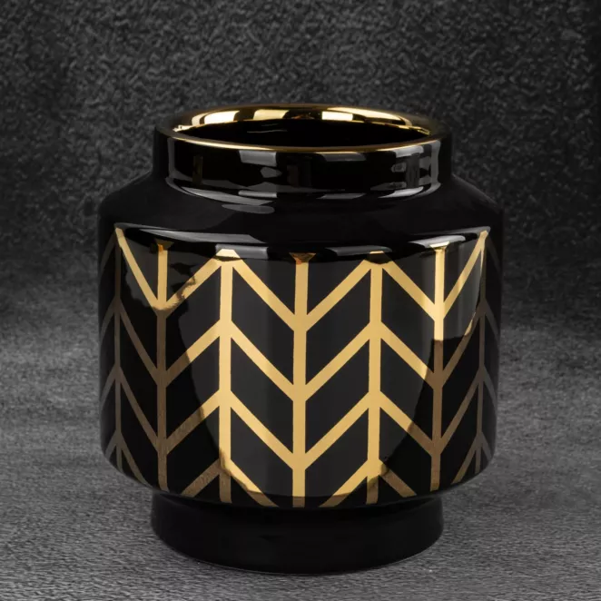 Wazon ceramiczny z geometrycznym wzorem czarno-złoty