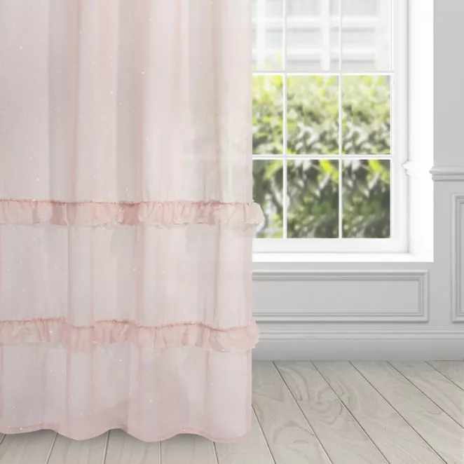 Firana różowa z błyszczącą moherową nicią zdobiona falbanami 140x250 cm przelotka ARIANA DIVA LINE