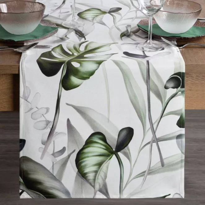 DESIGN 91 bieżnik welwetowy ELLEN zdobiony nadrukiem liści monstery