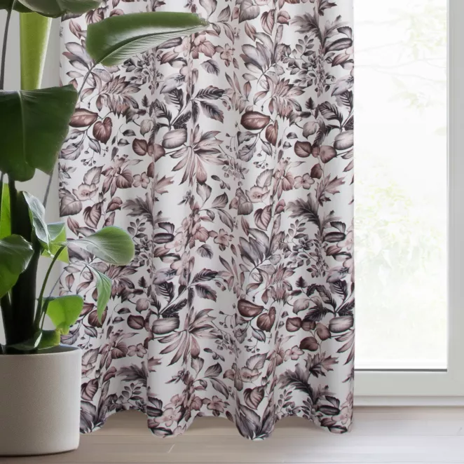 Zasłona biało, brązowa z welwetu z motywem malowanych liści i kwiatów 140x250 cm przelotka HANA