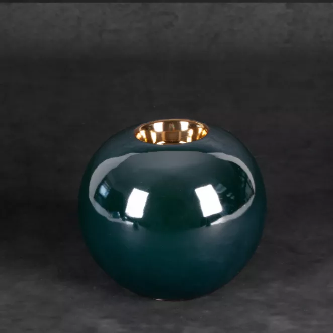 Świecznik ceramiczny AMORA 2 o lśniącej powierzchni ze złotym detalem, kulisty