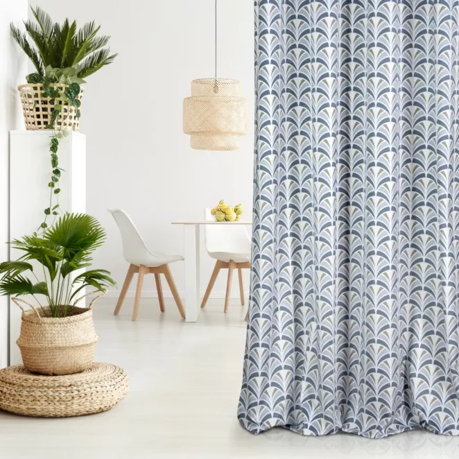 Zasłona biało, stalowa z motywem łuski z tkaniny welwetowej 140x250 cm przelotka ABEL Design 91
