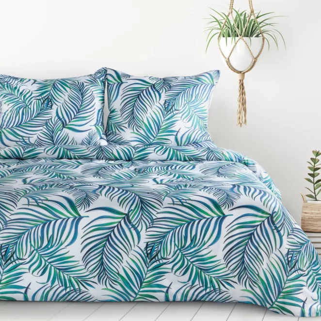 Pościel 160x200 cm z mikrowłókna kolor turkusowy, biały z nadrukiem egzotycznych liści PALMS Design 91