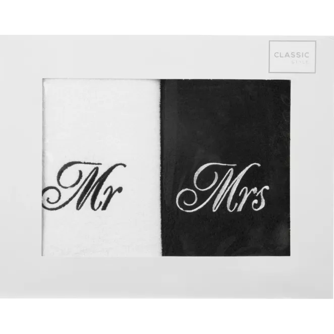 Zestaw ręczników bawełnianych na prezent 2 szt 50x90 cm z haftem MR&MRS kolor biały, czarny 400 g/m2