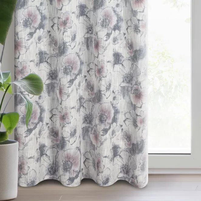 Zasłona naturalno, szara w stylu eko w piękny wzór kwiatów 140x260 cm przelotka FRIDA