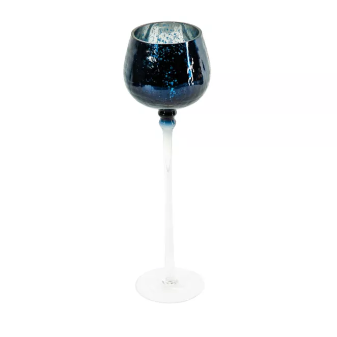 Świecznik szklany VERRE na wysmukłej nóżce z granatowym kielichem