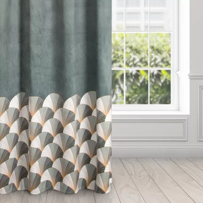Zasłona stalowo, jasnoszara ze złotym wzorem z tkaniny welwetowej 140x250 przelotka GINA Design 91