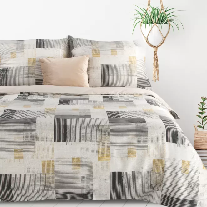 Pościel 220x200 cm z bawełny i mikrowłókna kolor kremowy, stalowy z motywem geometrycznym LEA 6 Design 91
