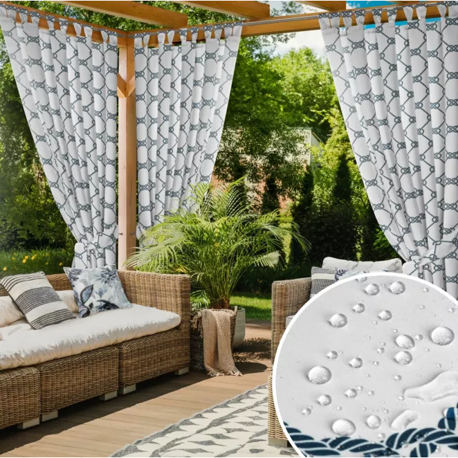 Zasłona biało, granatowa z wodoodpornej tkaniny idealna do ogrodu i na taras 155x240 cm szelki/rzep GARDEN