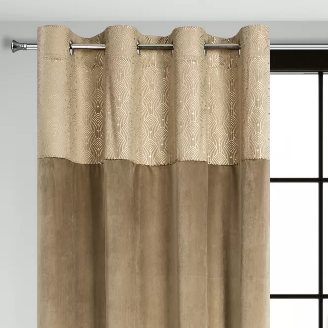 Zasłona beżowa z aplikacją z błyszczącego welwetu 140x250 cm przelotka AGNES Design 91