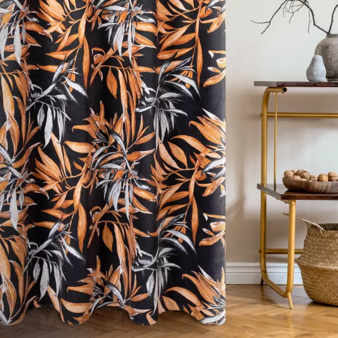 Zasłona czarno, ruda w stylu botanic z welwetu 140x250 cm przelotka ZOJA Pierre Cardin