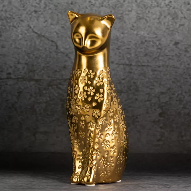 Figurka ceramiczna KITY złoty kot z wytłaczanymi kwiatuszkami