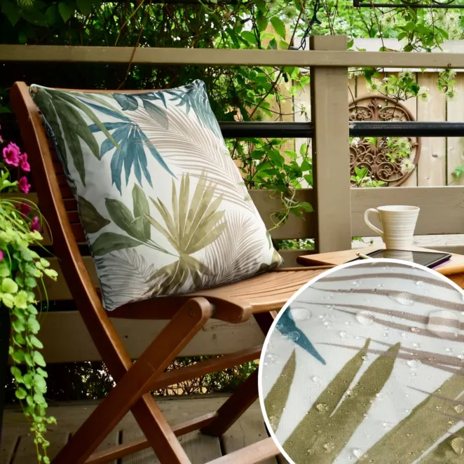 Poszewka GARDEN na taras oraz balkon z tkaniny wodoodpornej zdobiona nadrukiem egzotycznych liści