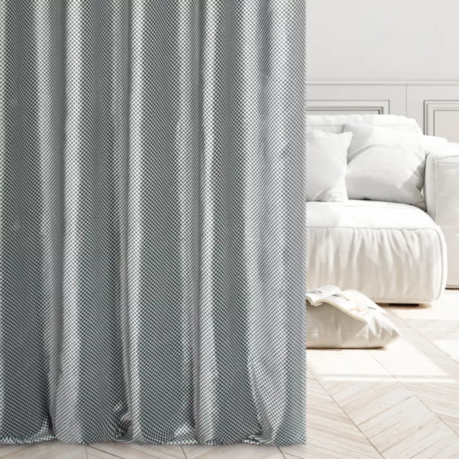 Zasłona szyta na taśmie 8 cm naturalno czarna z grubej welwetowej tkaniny w elegancki geometryczny wzór