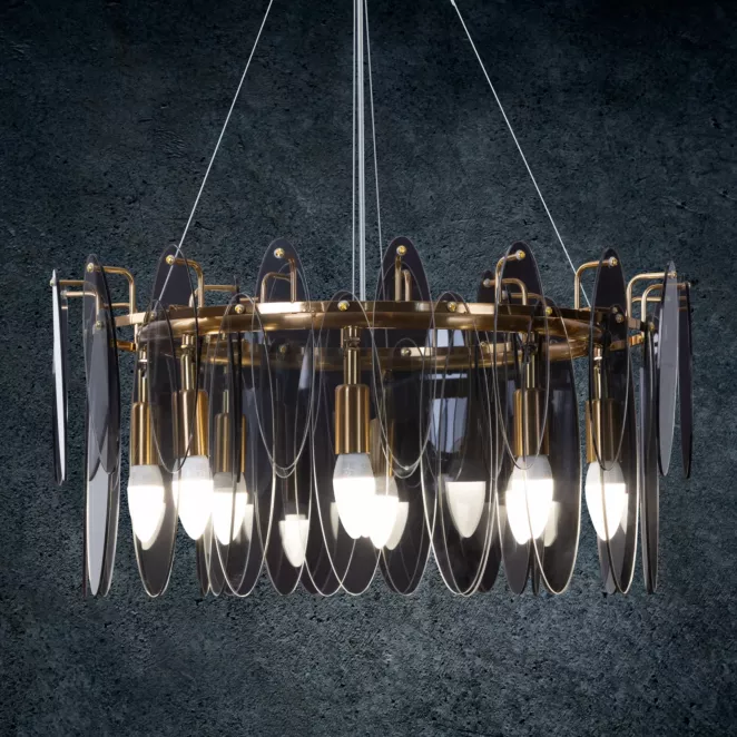 Lampa MARLA ze szklanymi zawieszkami z dymionego szkła, z regulacją wysokości