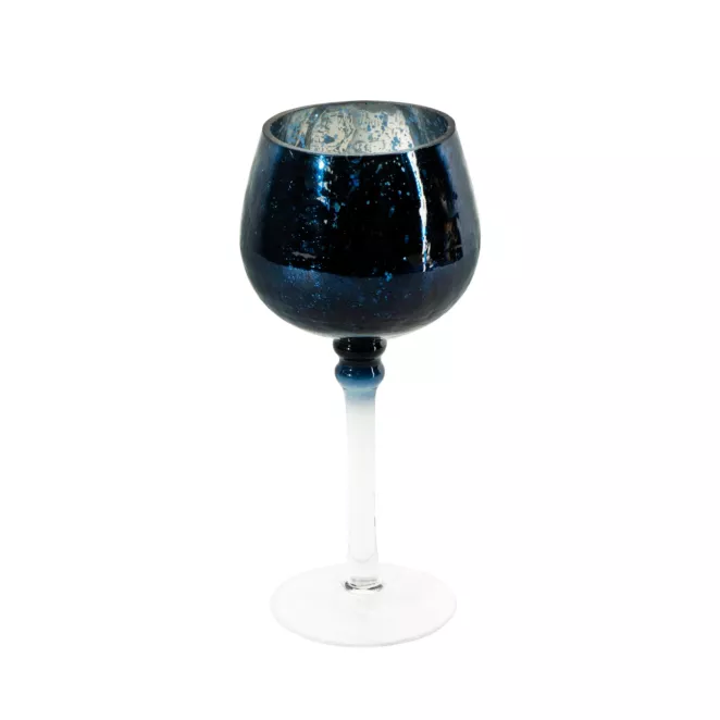Świecznik szklany VERRE na wysmukłej nóżce z granatowym kielichem