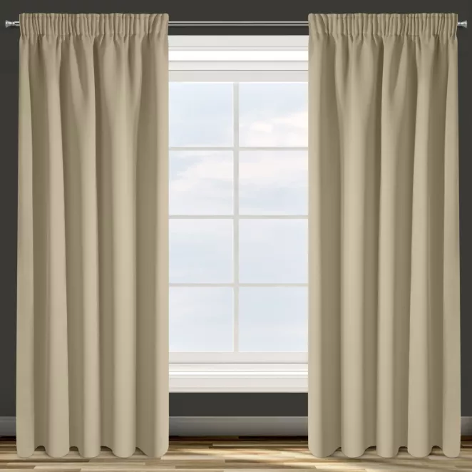 Zasłona beżowa z gładkiej tkaniny zaciemniającej typu blackout 135x270 taśma PARISA Design 91