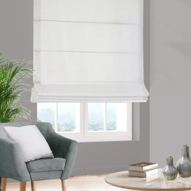 Roleta szyta z systemem comfort kremowa z miękkiej tkaniny o naturalnym splocie w stylu ekologicznym