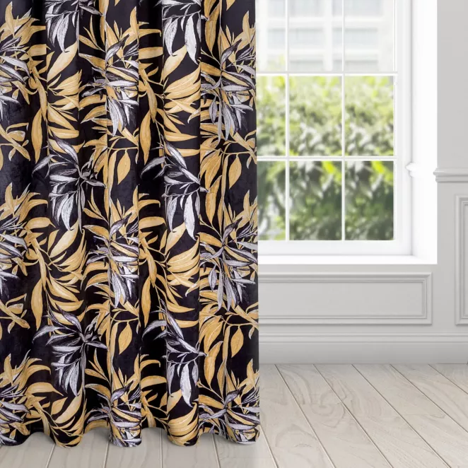 Zasłona czarno, beżowa w stylu botanic z welwetu 140x270 cm taśma ZOJA Pierre Cardin