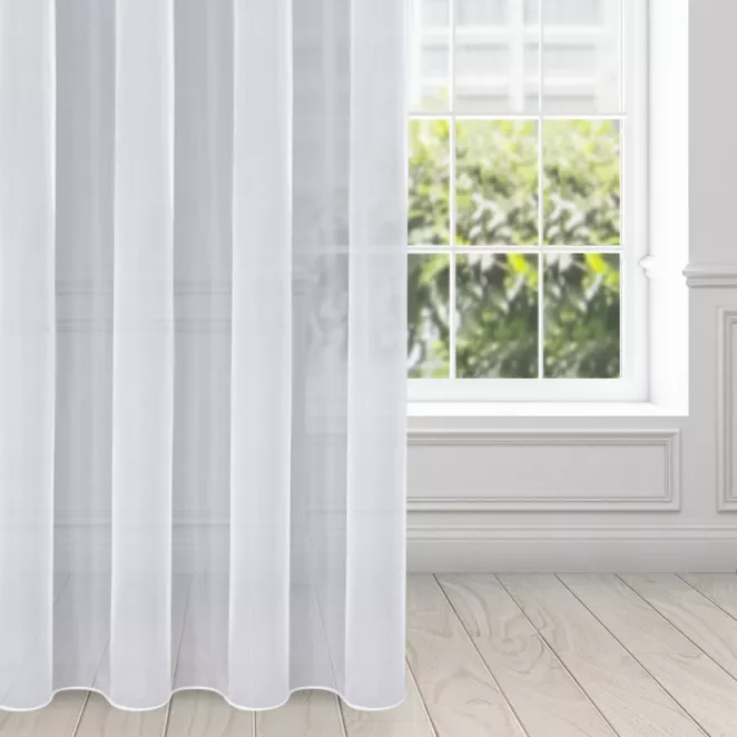 Firana biała z gładkiego mlecznego woalu wykończona szwem obciążającym VIOLET 400x200 cm taśma